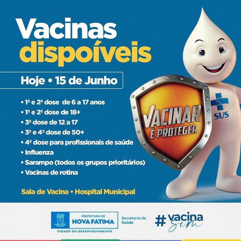 Cronograma para vacinação disponível hoje, 15 de junho